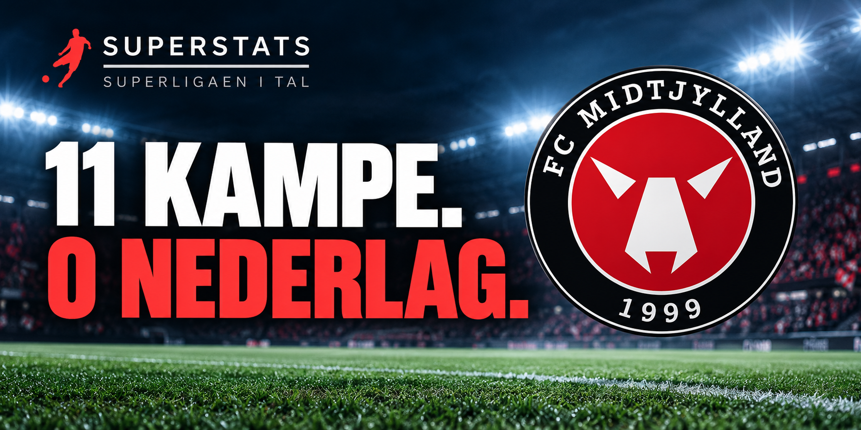 11 kampe, 0 nederlag. FC Midtjylland er ubesejret efter 11 Superligakampe. 7 af 12 tidligere hold blev mestre.